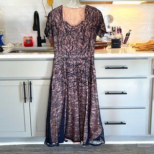 Vintage Beautiful Handmade Navy Lace Over Nude Sequined Belted Dress Size 10
